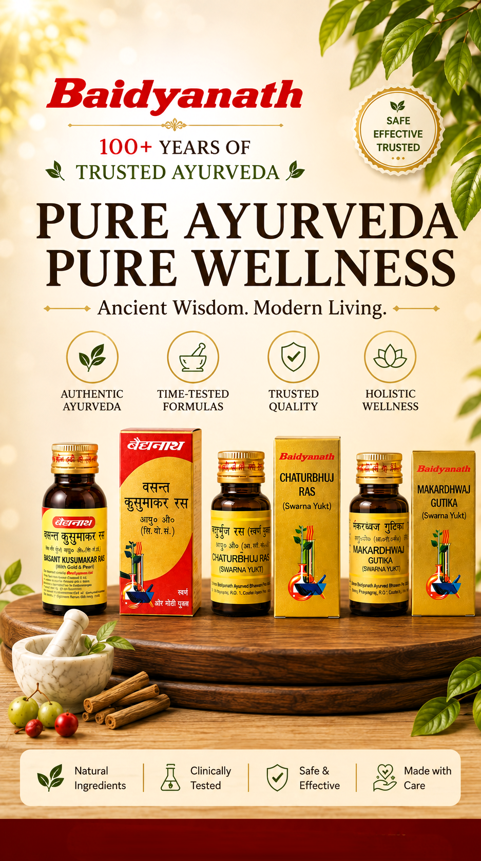 Baidyanath Ayurvedic medicines banner featuring Basant Kusumakar Ras, Chaturbhuj Ras and Makardhwaj Gutika for authentic Ayurvedic wellness | Buy Ayurvedic medicines and products online from BodyStopslider_item_wJbjaX