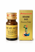 Baidyanath Brahmi Bati 10/25 Tablet (Swarna Yukt) amber glass medicine bottle with a yellow cap next to its gold outer packaging box featuring the Baidyanath brand logo and traditional mortar and pestle illustration | BodyStop