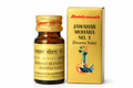 Baidyanath Jawahar Mohara No. 1 (Swarna Yukt) 10 tablet golden outer packaging box and matching amber glass medicine bottle with a golden cap, yellow label featuring product details in English and Hindi, and a laboratory scientific illustration | BodyStop