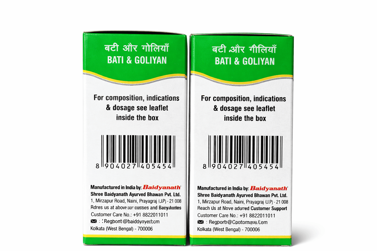 Two Baidyanath Makardhwaj Bati medicine packaging boxes side panels showing Bati & Goliyan category, instructions to see the leaflet inside the box, barcode, and manufacturer details for Shree Baidyanath Ayurved Bhawan Pvt. Ltd. | BodyStop