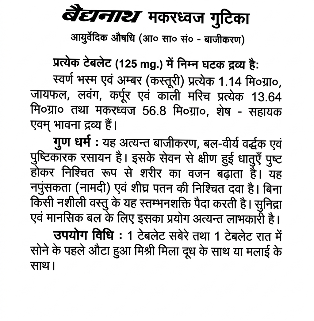 Baidyanath Makardhwaj Gutika (Swarna Yukt) informational leaflet in Hindi detailing composition per 125 mg tablet including Swarn Bhasma, Amber (Kasturi), and Makardhwaj, therapeutic properties as a vajikarak and rasayan agent, and administration instructions with boiled milk containing sugar candy or malai | BodyStop