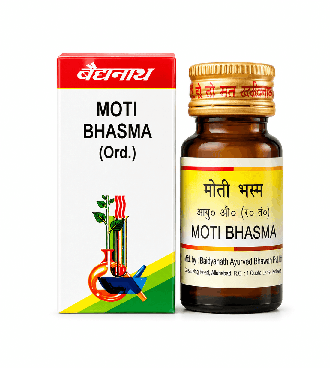 Baidyanath Moti Bhasma 1 gm(Ord.) medicine bottle and its packaging box showing the brand name, product title, and manufacturer details | BodyStop