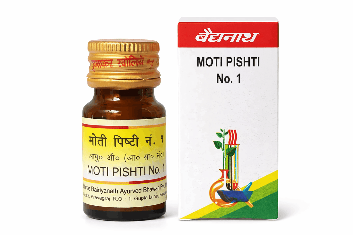 Baidyanath Moti Pishti No. 1 1gm amber glass medicine bottle with a golden cap and yellow label next to its matching white outer packaging box featuring the red brand logo, product title in English and Hindi, and a laboratory scientific illustration | BodyStop