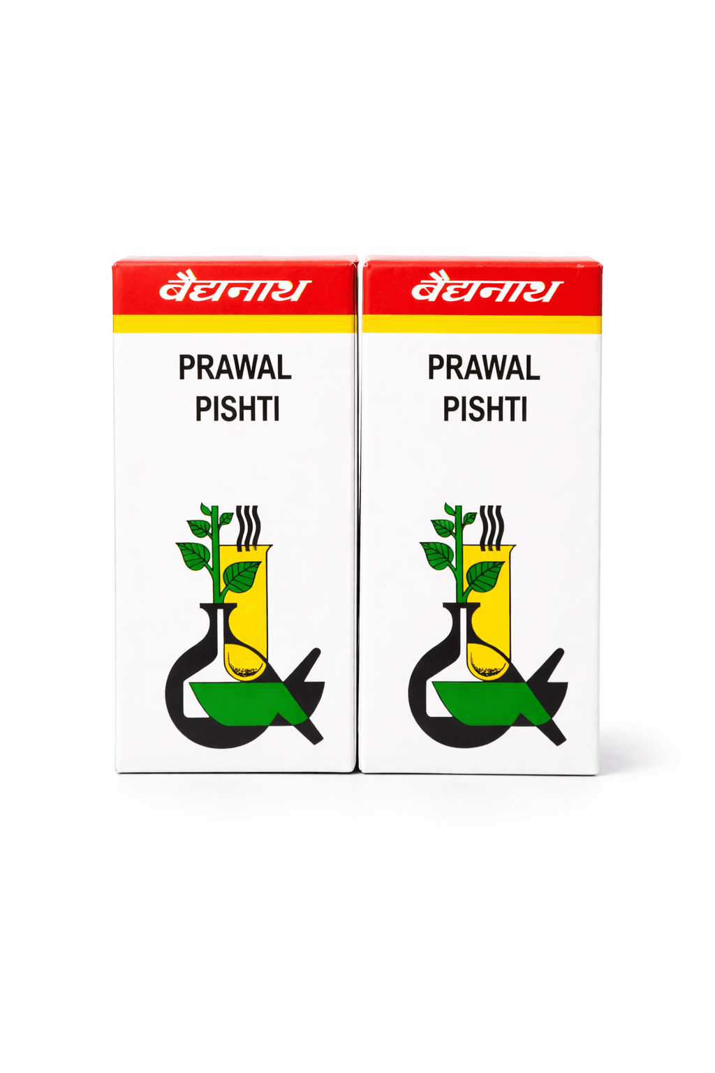 Baidyanath Prawal Pishti 10gm white outer packaging 2 boxes featuring the red and yellow Baidyanath brand banner, product title, and traditional mortar and pestle laboratory illustration | BodyStop