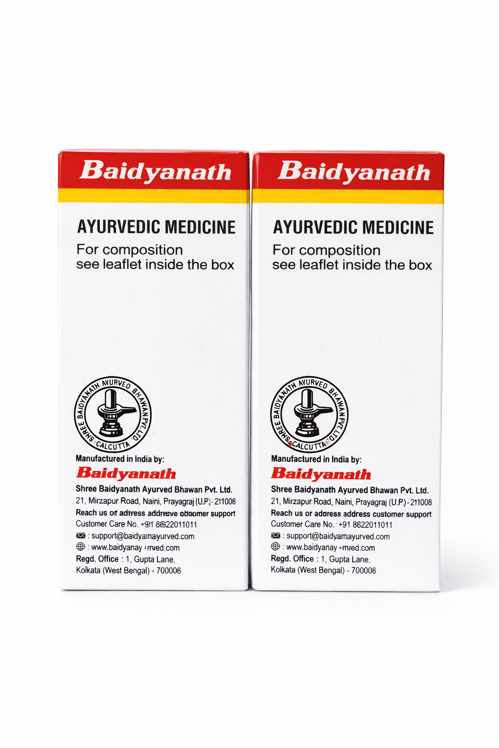 Baidyanath Prawal Pishti outer packaging boxes back panels displaying the Ayurvedic medicine label, composition reference, manufacturer details for Shree Baidyanath Ayurved Bhawan Pvt. Ltd., customer support email, website, and registered office address | BodyStop