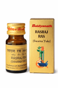 Baidyanath Rasraj Ras (Swarna Yukt) 10 and 25 tablets amber glass medicine bottle with a golden cap and label next to its matching gold outer packaging box featuring the brand logo, product title, laboratory illustration, and gold-accented styling | BodyStop