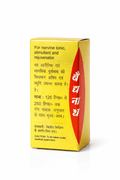Baidyanath Siddha Makardhwaj (Spl.) (Swarna Yukt) golden outer packaging box back panel displaying therapeutic properties as a nervine tonic, stimulant, and rejuvenator in English and Hindi, dosage instructions, and medical supervision caution | BodyStop