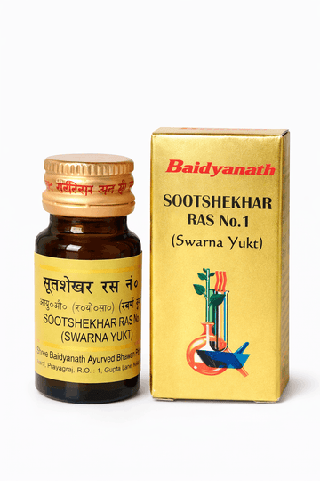 Baidyanath Sootshekhar Ras No.1 (Swarna Yukt) amber glass medicine bottle with a golden cap and label next to its matching gold outer packaging box featuring the brand logo, product title, and traditional laboratory illustration | BodyStop