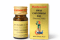 Baidyanath Swas Chintamani Ras (Swarna Yukt) 10 and 25 tablets amber glass medicine bottle with a golden cap and label next to its matching gold outer packaging box featuring the brand logo, product title, laboratory illustration, and 