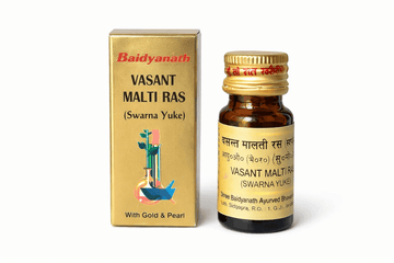 Baidyanath Vasant Malti Ras Gold with Gold & Pearl bottle and box front view Ayurvedic medicine