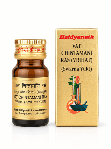 Baidyanath Vat Chintamani Ras Vrihat 10 and 25 tablet (Swarna Yukt) amber glass medicine bottle with a golden cap and label next to its matching gold outer packaging box featuring the brand logo, product title, and traditional laboratory illustration | BodyStop