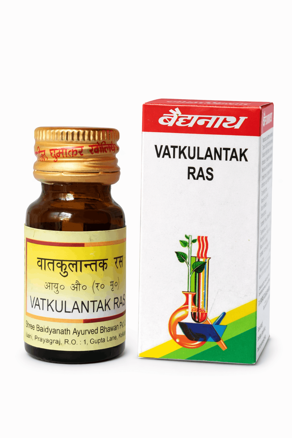 Baidyanath Vatkulantak Ras 10 and 25 tablet amber glass medicine bottle with a golden cap and label next to its white and red outer packaging box featuring the brand logo, product title, and traditional laboratory illustration | BodyStop