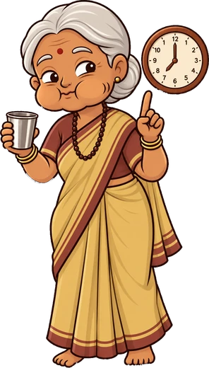 Dadi doing morning oil pulling with a steel tumbler at 7 am