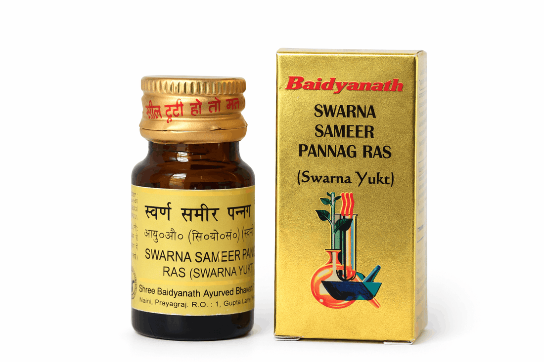 Baidyanath Swarna Sameer Pannag Ras with Gold 1 gm bottle and packaging box | BodyStop