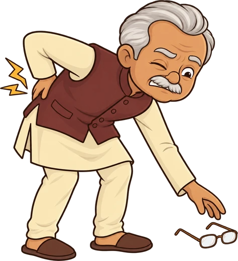 Dadaji bending to pick up his glasses with back pain