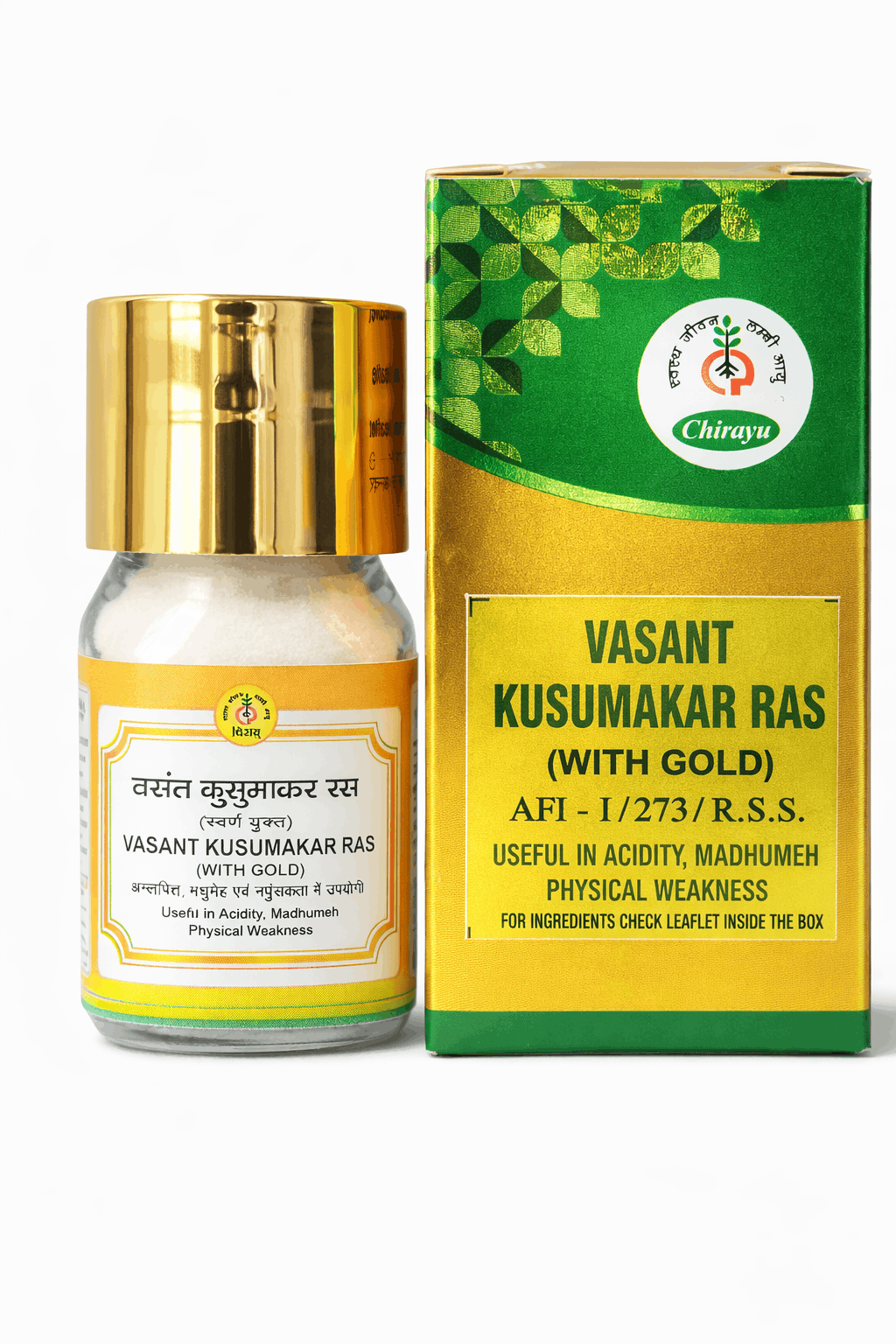 Chirayu Vasant Kusumakar Ras With Gold bottle and outer packaging box | BodyStop