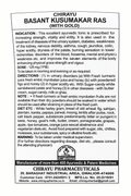 Chirayu Vasant Kusumakar Ras With Gold leaflet detailing indications, dosage, directions, diet guidelines, and manufacturer information | BodyStop