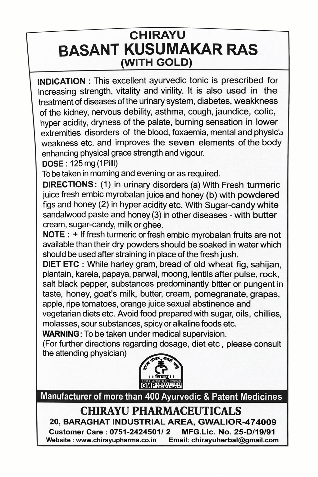 Chirayu Vasant Kusumakar Ras With Gold leaflet detailing indications, dosage, directions, diet guidelines, and manufacturer information | BodyStop