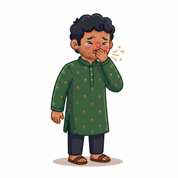Illustration of a man coughing and covering his mouth, representing cough and respiratory discomfort | Buy Ayurvedic respiratory wellness product from BodyStop