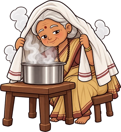 Dadi taking steam inhalation over a pot with a towel on her head