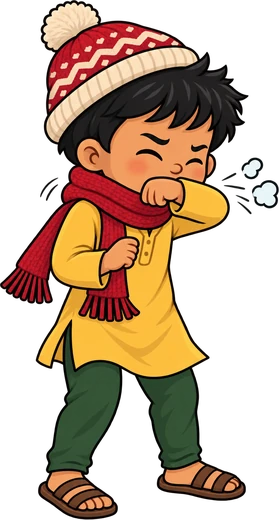 Chintu coughing into his elbow in a woolly cap and red muffler