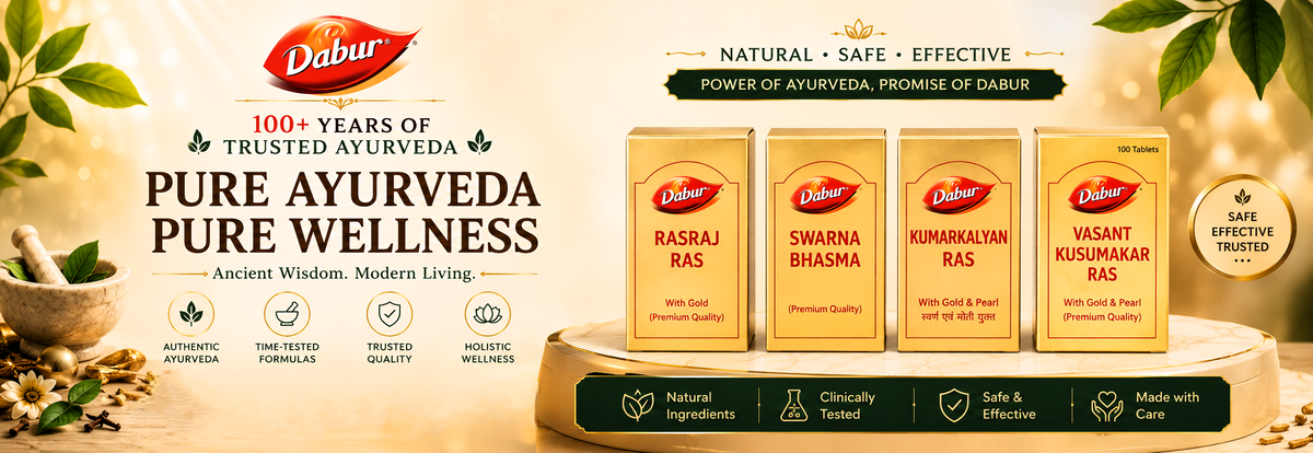 Dabur Ayurvedic products mobile banner featuring Rasraj Ras, Swarna Bhasma, Kumarkalyan Ras and Vasant Kusumakar Ras with Gold and Pearl | Buy Ayurvedic medicines and products online from BodyStopslider_item_D8cbBh