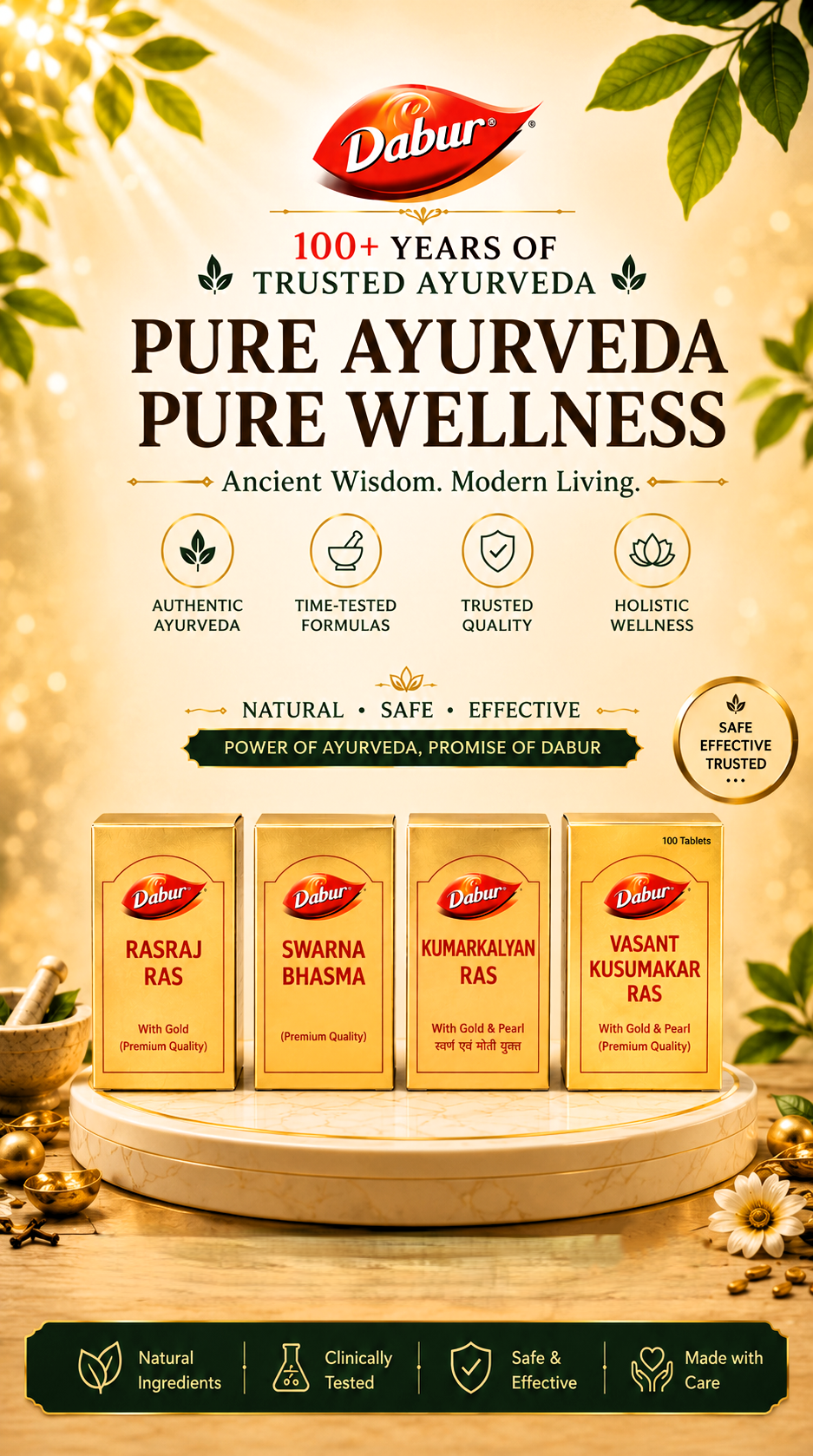 Dabur Ayurvedic products mobile banner featuring Rasraj Ras, Swarna Bhasma, Kumarkalyan Ras and Vasant Kusumakar Ras with Gold and Pearl | Buy Ayurvedic medicines and products online from BodyStopslider_item_D8cbBh