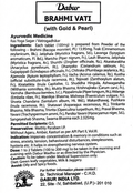 Dabur Brahmi Vati (with Gold & Pearl) informational leaflet in English displaying ingredients per 100mg tablet, indications for concentration, memory, stress, and anxiety, dosage of 1 to 2 tablets with honey, dietary guidelines, and manufacturer contact details | BodyStop