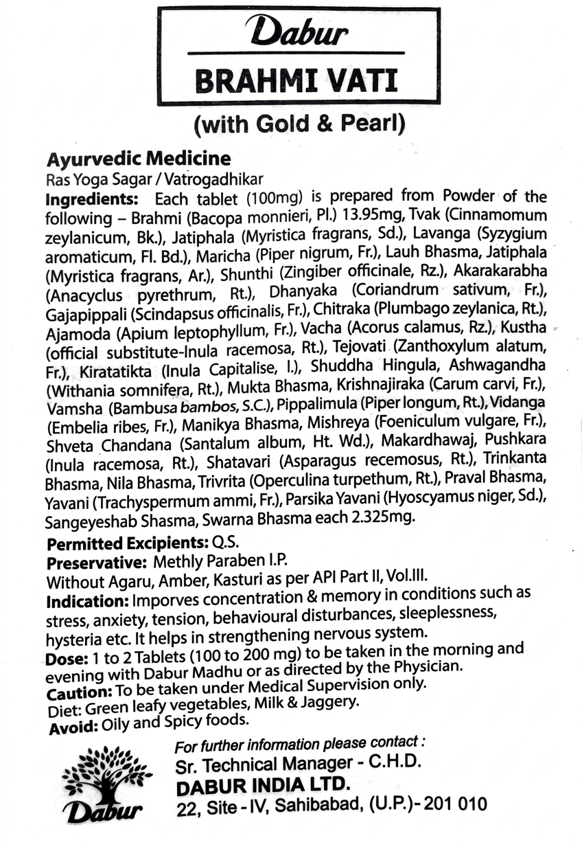 Dabur Brahmi Vati (with Gold & Pearl) informational leaflet in English displaying ingredients per 100mg tablet, indications for concentration, memory, stress, and anxiety, dosage of 1 to 2 tablets with honey, dietary guidelines, and manufacturer contact details | BodyStop