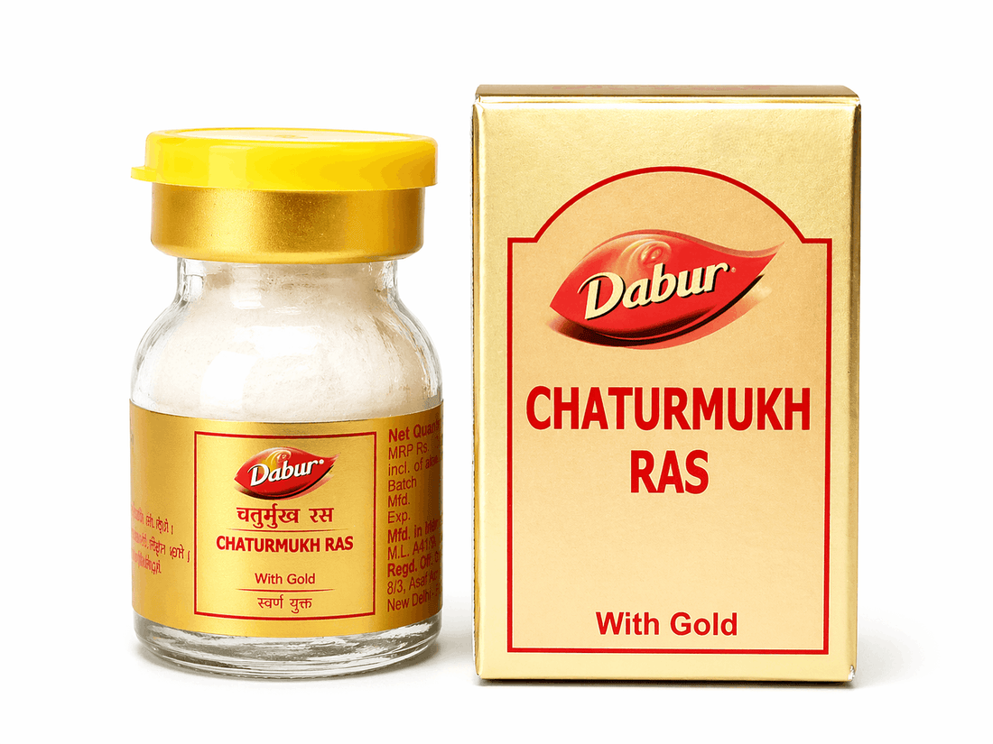 Dabur Chaturmukh Ras With Gold bottle and outer packaging box | BodyStop
