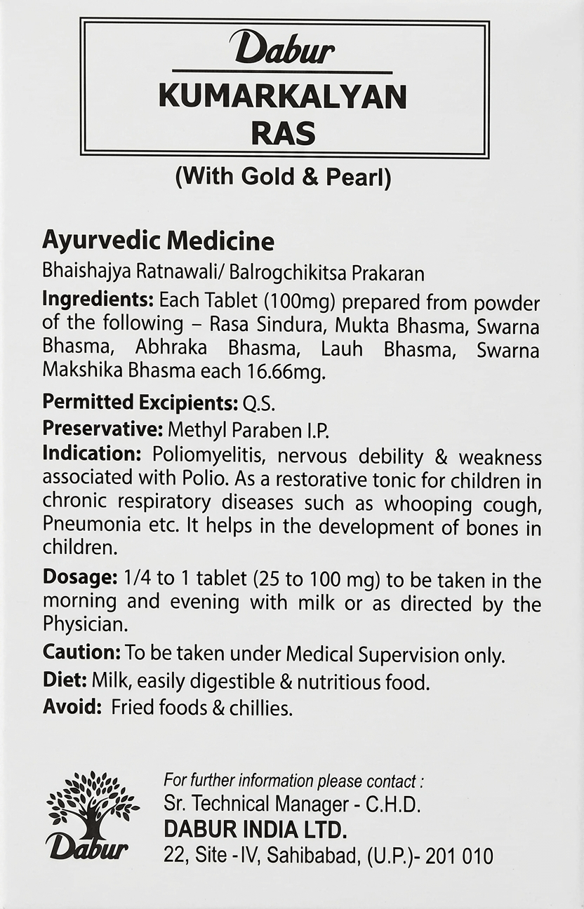 Dabur Kumarkalyan Ras informational leaflet in English displaying ingredients per 100mg tablet including Rasa Sindura, Mukta Bhasma, Swarna Bhasma, Abhraka Bhasma, Lauh Bhasma, and Swarna Makshika Bhasma, along with indications, dosage, and dietary guidelines | BodyStop