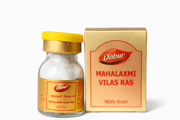 Dabur Mahalaxmi Vilas Ras 10 and 30 tablets (With Gold) glass medicine bottle with a yellow cap alongside its matching gold outer packaging box featuring the Dabur brand logo | BodyStop