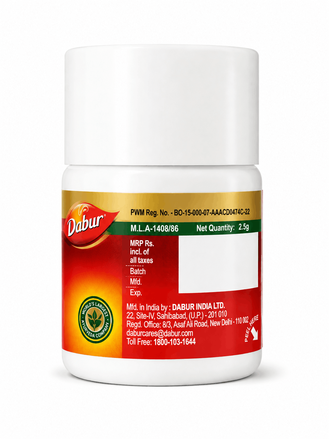 Dabur Rajat (Chandi) Bhasma white medicine bottle back panel showing PWM registration number, M.L.A-1408/86, net quantity of 2.5g, MRP, batch, mfd, and exp fields, manufacturer details for Dabur India Ltd., and peel here instruction | BodyStop