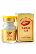 Dabur Rasraj Ras Gold 10 and 30 tablet glass medicine bottle with a yellow cap next to its gold outer packaging box featuring the Dabur brand logo | BodyStop