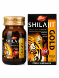 Dabur Shilajit Gold glass capsule bottle with a golden cap and its matching outer box featuring a tiger illustration, branding, and text indicating 20 capsules with free 2 capsules | BodyStop