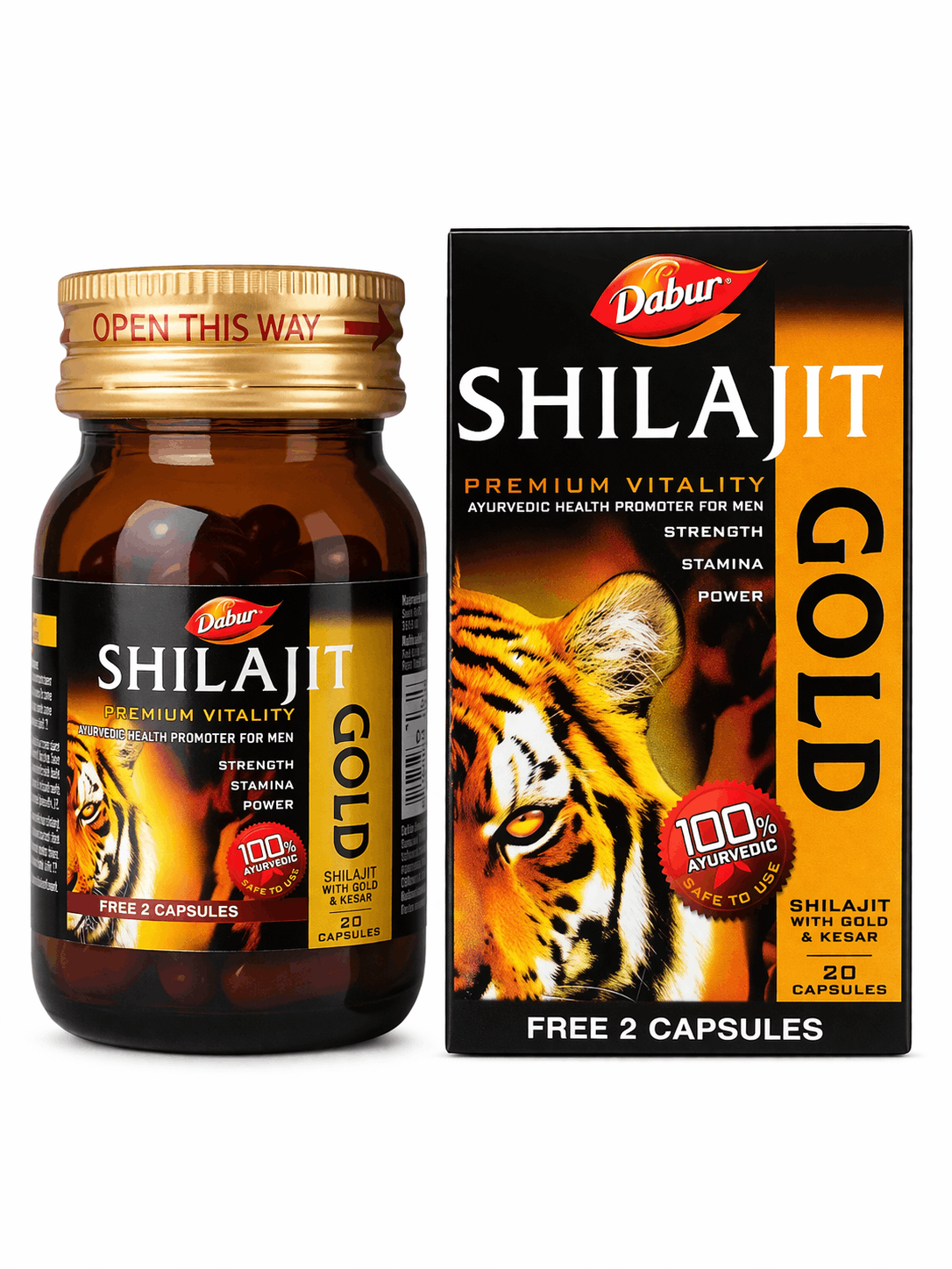 Dabur Shilajit Gold glass capsule bottle with a golden cap and its matching outer box featuring a tiger illustration, branding, and text indicating 20 capsules with free 2 capsules | BodyStop