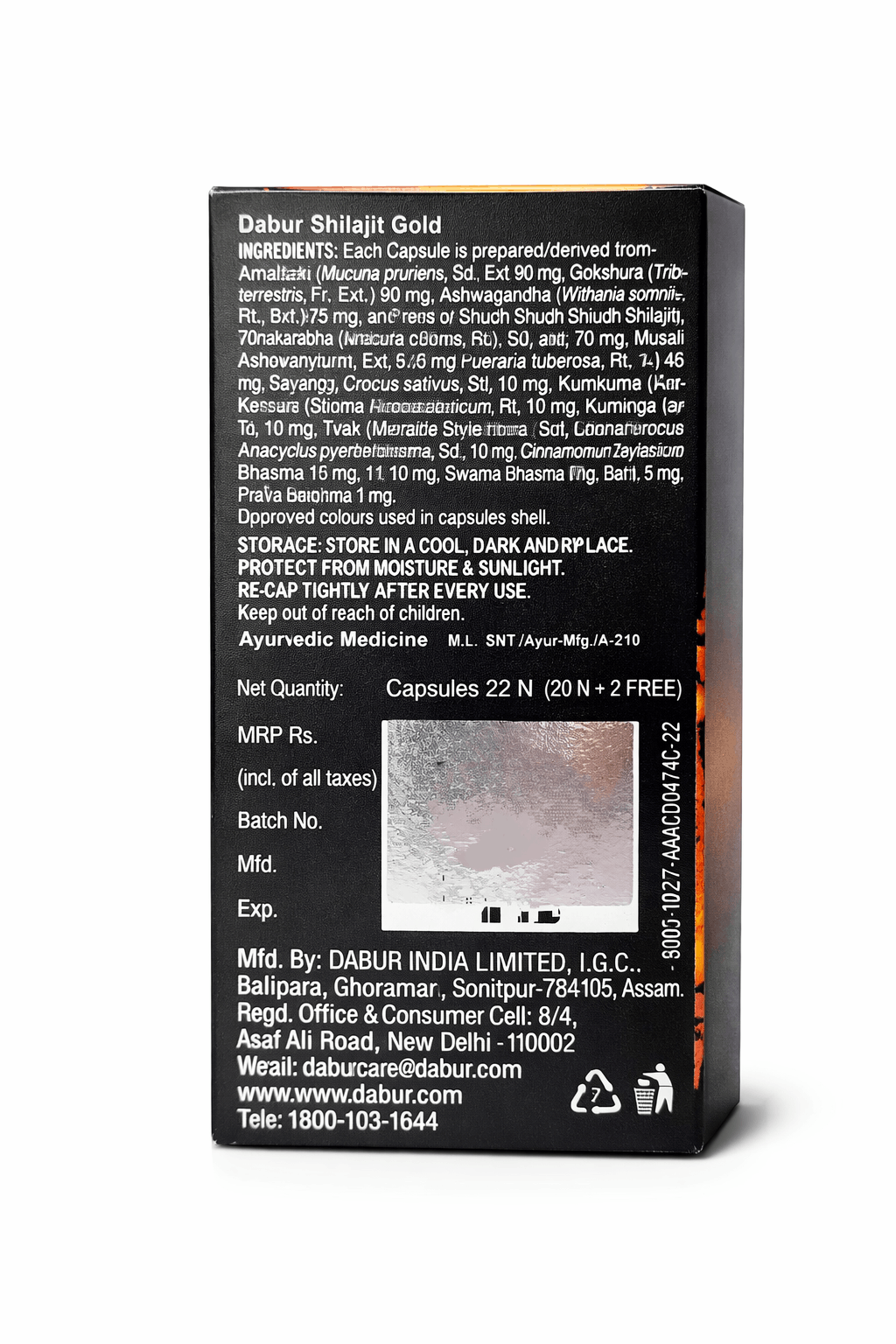 Dabur Shilajit Gold 22 capsule outer box side panel displaying ingredient composition, storage instructions, manufacturing license number SNT/Ayur-Mfg./A-210, net quantity of 22 capsules, MRP, batch, mfd, exp fields, and manufacturer details for Dabur India Limited in Balipara, Assam | BodyStop
