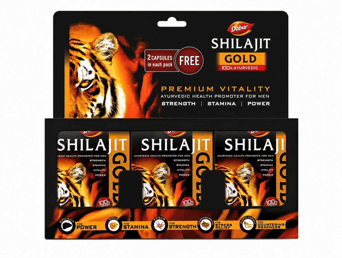 Dabur Shilajit Gold (30+6 Free capsules) retail display carton containing three individual boxes of Shilajit Gold capsules with a promotional header indicating 2 capsules free in each pack | BodyStop