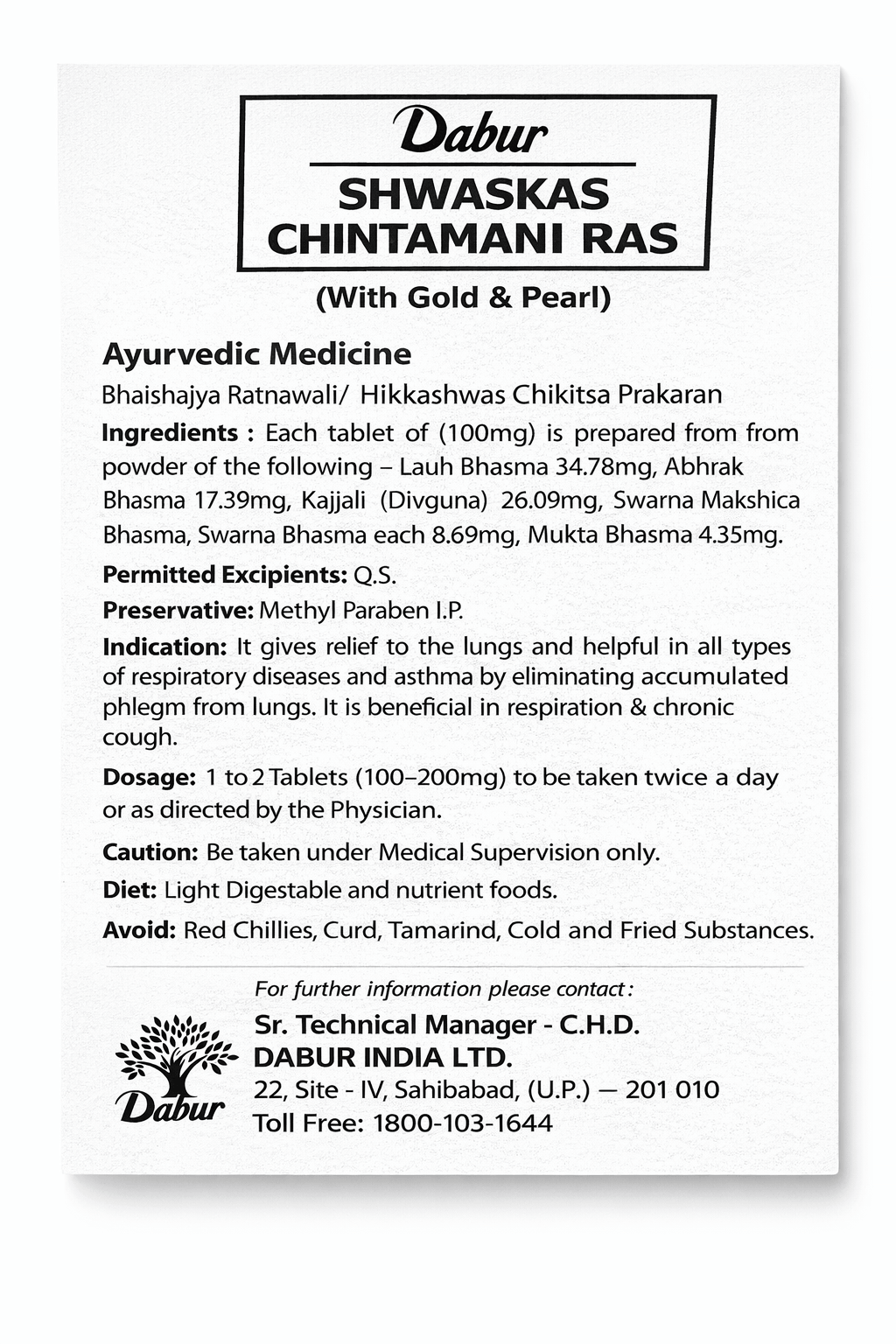Dabur Shwaskas Chintamani Ras English informational leaflet showing ingredients per 100mg tablet including Lauh Bhasma, Abhrak Bhasma, Kajjali (Divguna), Swarna Makshica Bhasma, Swarna Bhasma, and Mukta Bhasma, along with permitted excipients, methyl paraben preservative, indication, dosage, caution, diet guidelines, and Dabur India Limited contact details | BodyStop