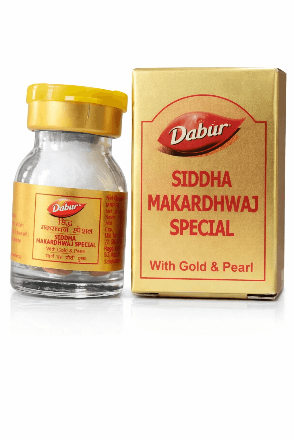 Dabur Siddha Makardhwaj Special 10 tablets (With Gold & Pearl) glass medicine bottle with a yellow cap alongside its matching gold outer packaging box featuring the Dabur brand logo | BodyStop