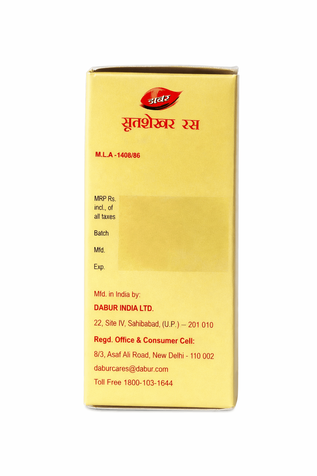 Dabur Sutshekhar Ras gold packaging box back panel showing manufacturing license number M.L.A-1408/86, MRP, batch, mfd, exp fields, and manufacturer details for Dabur India Ltd. | BodyStop