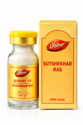 Dabur Sutshekhar Ras Gold 10 and 20 tablets medicine glass bottle with a yellow cap and its matching gold outer packaging box featuring the Dabur brand logo | BodyStop