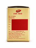 Dabur Swarna Bhasma 125 mg gold packaging box back panel showing manufacturing license number M.L.A-1408/86, net quantity, MRP, batch, mfd, and exp fields, manufacturer details for Dabur India Ltd. | BodyStop