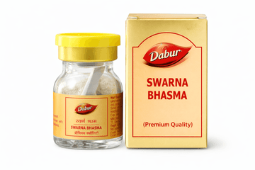 Dabur Swarna Bhasma 125mg and 500mg (Premium Quality) glass medicine bottle with a yellow cap and its matching gold outer packaging box featuring the Dabur brand logo, allowing you to buy ayurvedic medicines and products online | BodyStop