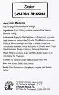Dabur Swarna Bhasma english informational leaflet showing ingredients per 100mg, indications including Medhya memory enhancer and chronic disease relief, dose of 15 to 30 mg twice a day, dietary guidelines, and contact information for Dabur India Ltd. | BodyStop