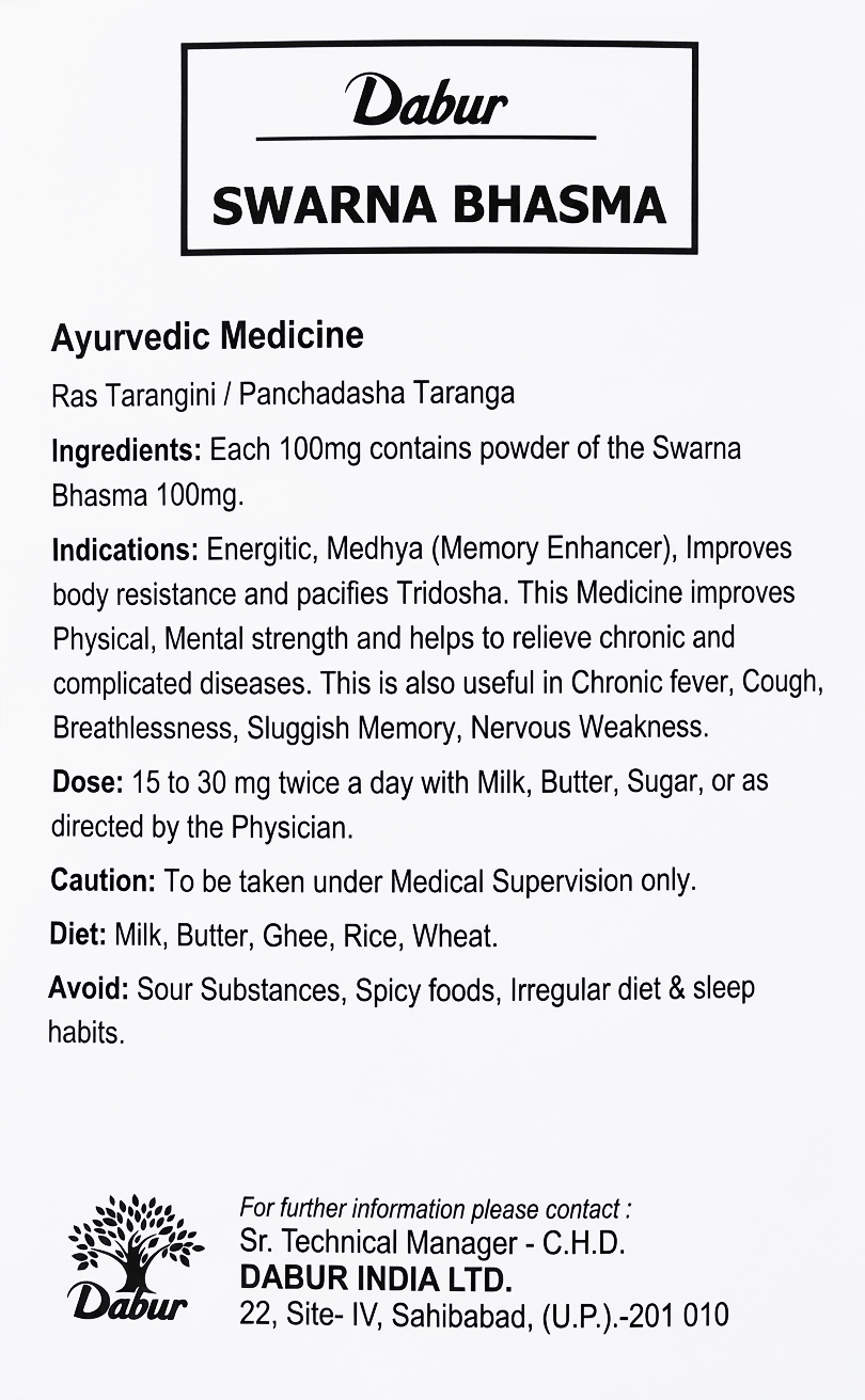 Dabur Swarna Bhasma english informational leaflet showing ingredients per 100mg, indications including Medhya memory enhancer and chronic disease relief, dose of 15 to 30 mg twice a day, dietary guidelines, and contact information for Dabur India Ltd. | BodyStop