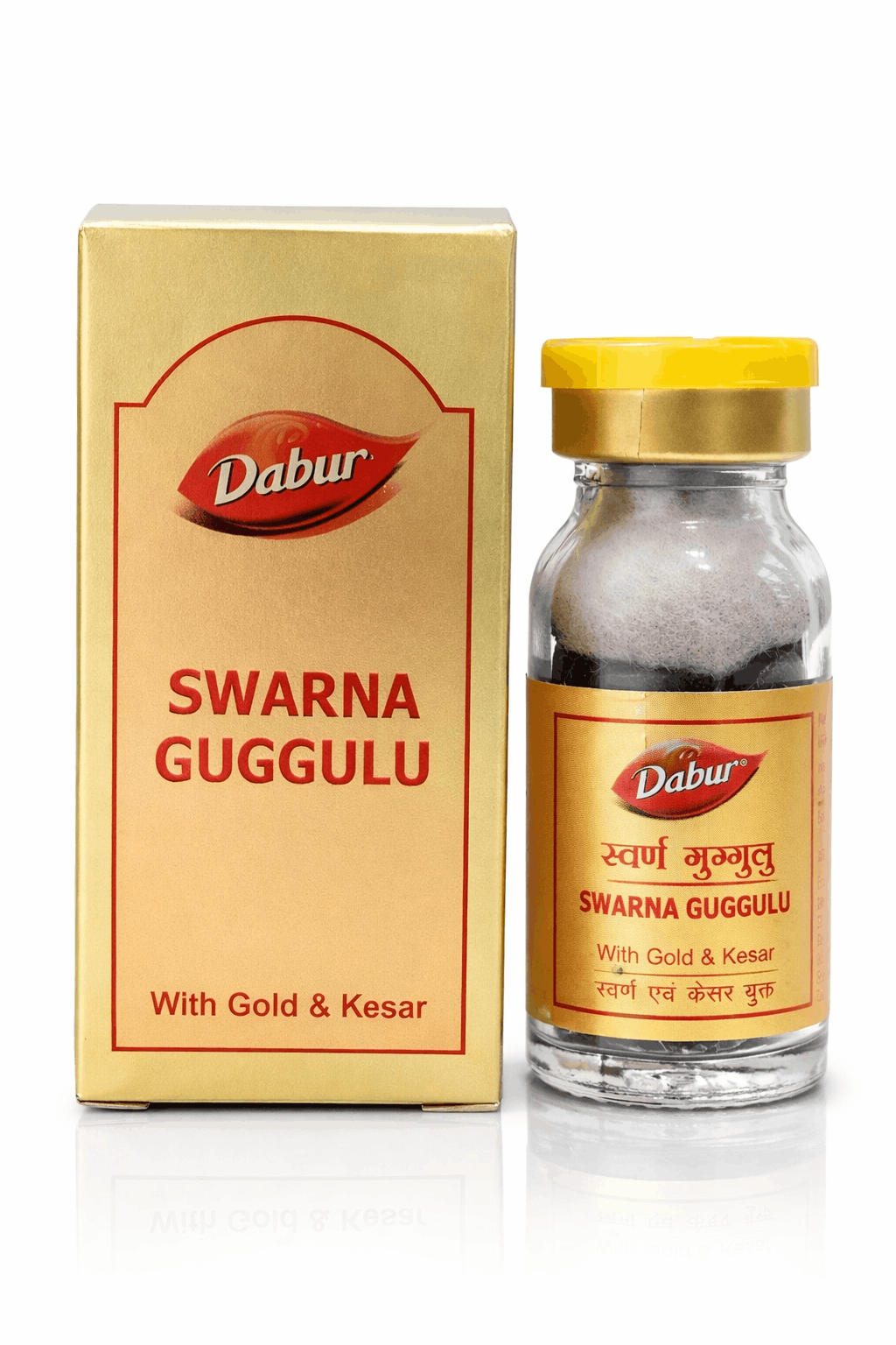 Dabur Swarna Guggulu With Gold and Kesar bottle and outer packaging box | BodyStop