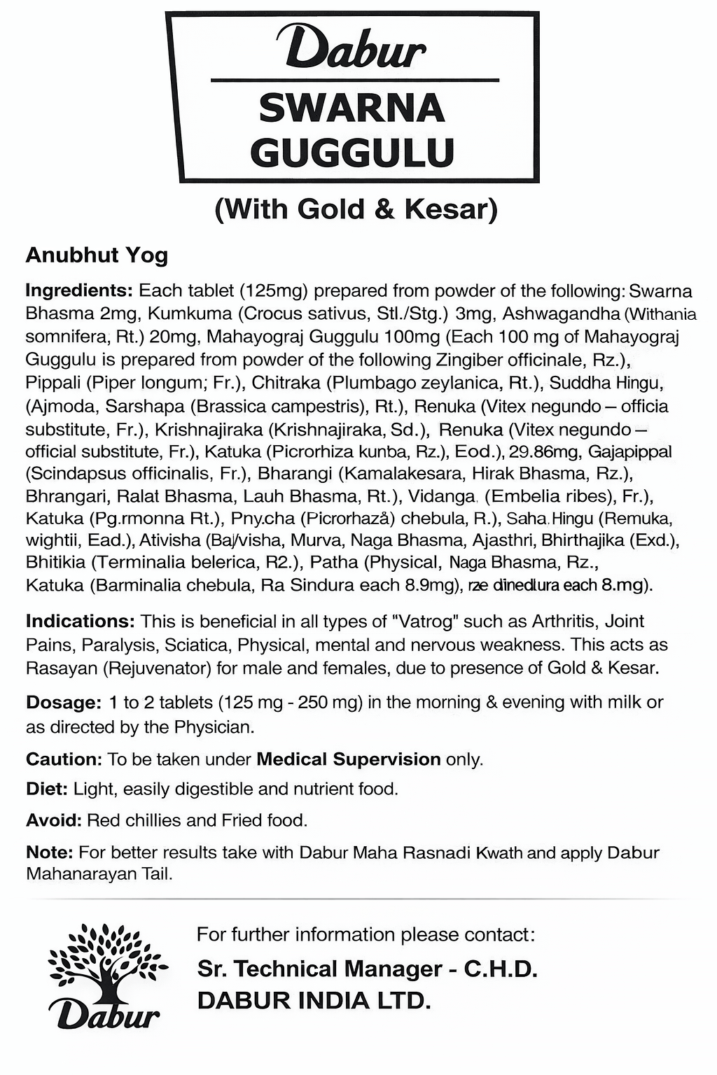 Dabur Swarna Guggulu With Gold & Kesar english leaflet detailing ingredients, indications, dosage, diet, and contact information | BodyStop