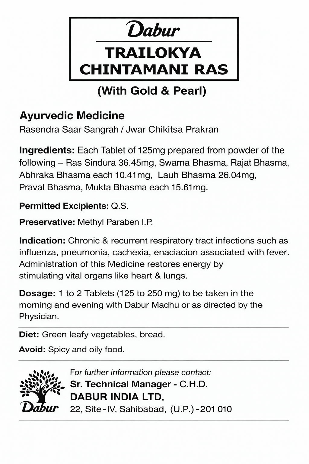 Dabur Trailokya Chintamani Ras With Gold and Pearl English leaflet detailing ingredients, indications, dosage, diet, and contact information | BodyStop