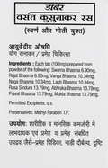 Dabur Vasant Kusumakar Ras informational front side leaflet showing ingredients per 100mg tablet including Swarna Bhasma, Rajat Bhasma, Vanga Bhasma, Naga Bhasma, Lauh Bhasma, Rasa Sindura, Abhraka Bhasma, Praval Bhasma, and Mukta Bhasma, along with permitted excipients and methyl paraben preservative | BodyStop